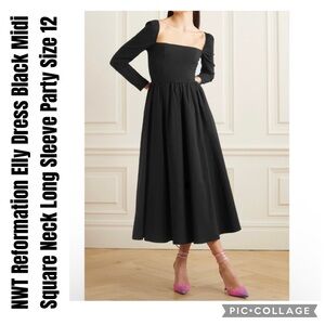 Reformation Elly Dress Black Midi Square Neck Long Sleeve Party New Size 12